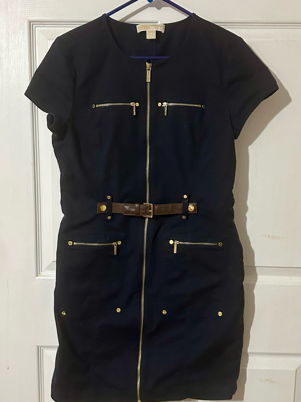 MICHAEL KORS Blue Dress Zip-Front Belted Midi Dress with Gold Hardware